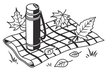 Autumn Picnic Thermos and Fallen Leaves Illustration.