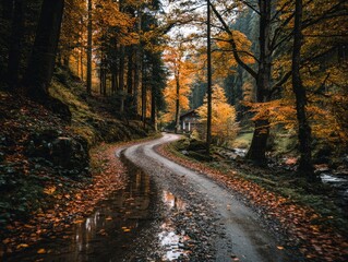 Autumnal forest road winding towards a cabin