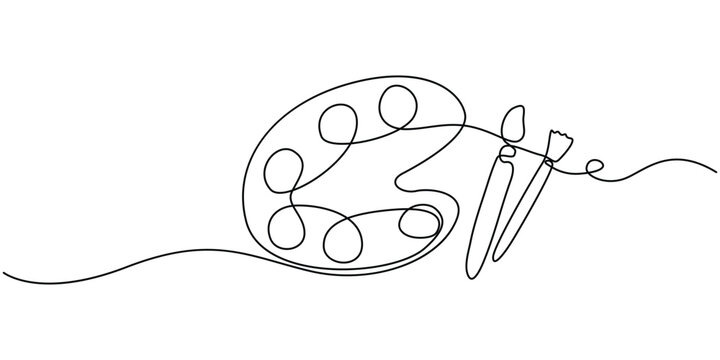 Palette and paint brush continuous one line drawing vector illustration, hand drawn and sketch style.  Continuous one line drawing of a art materials. one line art palette and brush vector icon. 



