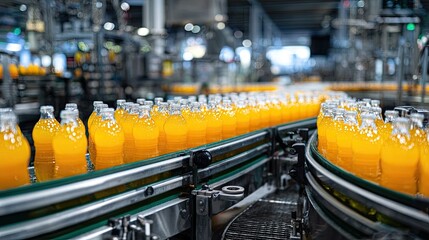 Orange juice bottles on a conveyor belt in a factory