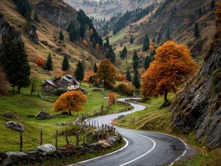 Winding mountain road in autumn