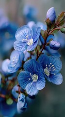 Close-up of vibrant blue blossoms on branch