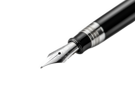 A fountain pen isolated on transparent background, featuring a silver nib and black body, is a writing instrument used for creating elegant and precise lines on paper