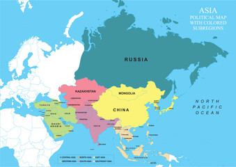 Fototapeta premium Asia Political Map with Colored Countries and Subregions – Central, East, North, South, Southeast, and Western Asia