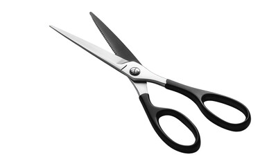 Studio shot of a pair of silver and black scissors, isolated on transparent background ideal for illustrating cutting tools and office or craft supplies
