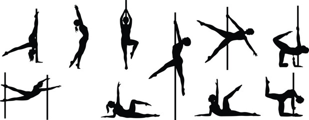 Pole dance silhouette, woman fitness poses, acrobatics on pole, vector illustration, strength, flexibility, workout, sport, dance art, performance design