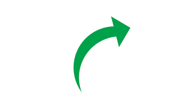 Isolated forward-pointing green arrow arches dynamically upward on a black background.