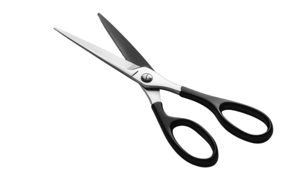 Studio shot of a pair of silver and black scissors, isolated on transparent background ideal for illustrating cutting tools and office or craft supplies