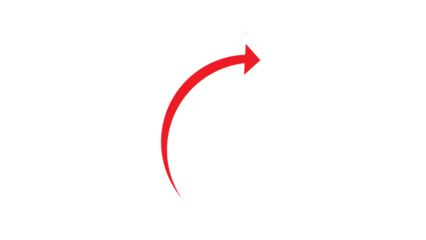 A vibrant red arrow gracefully curves upward against stark black background space.