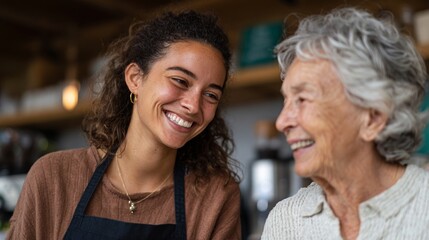 Obraz premium Woman and elderly person sharing a moment at a coffee shop.