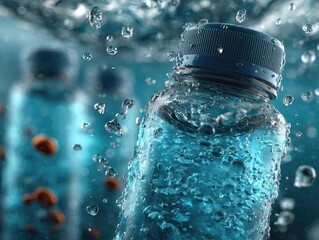 Close-up of a teal plastic bottle, submerged in water with splashes