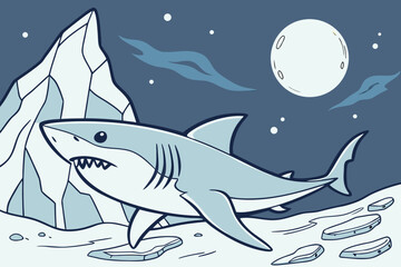 Fototapeta premium Cartoon Great White Shark Swimming Near Iceberg Under Moon.