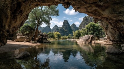 Cave opening to tranquil river scene