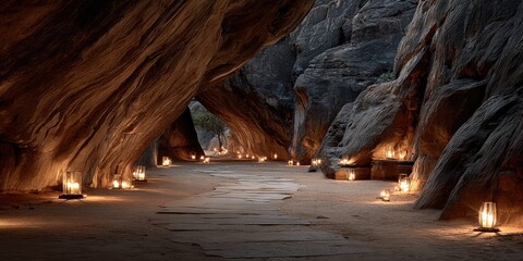 Rocky cave passageway lit by lanterns