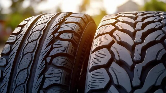 Two car tires with deep tread patterns pressed side by side.