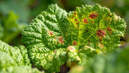 Close-up of diseased rhubarb leaves