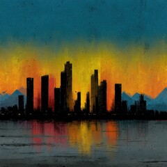 City skyline at sunset, reflected in water