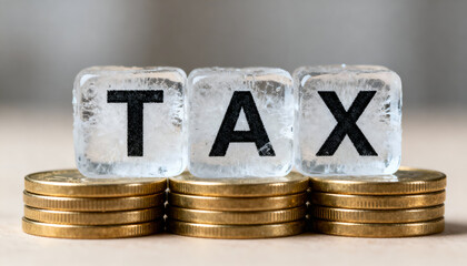 Frozen ice blocks spelling TAX arranged carefully on shiny coins