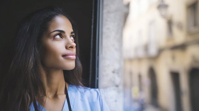 Thoughtful healthcare professional looking out window with hopeful expression.