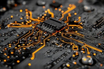 Close-up of circuit board with glowing orange traces