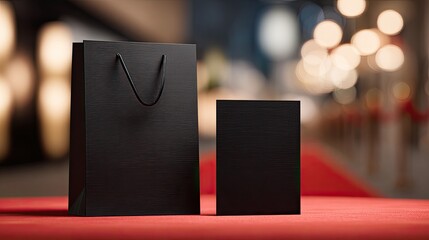 Two black shopping bags, one larger than the other, on a red surface with blurred background