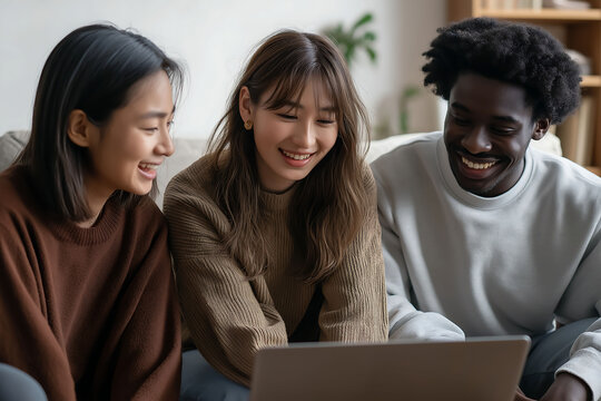 Three friends using a laptop at home: Asian woman in brown sweater, dark-skinned person in sweatshirt, Black man in casual wear on couch near white wall. High-resolution stock photo with natural light