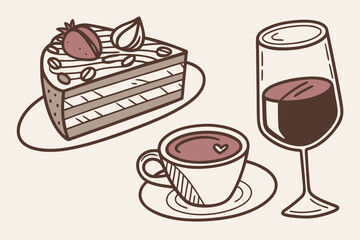 Delicious Cake Coffee and Wine Illustration.