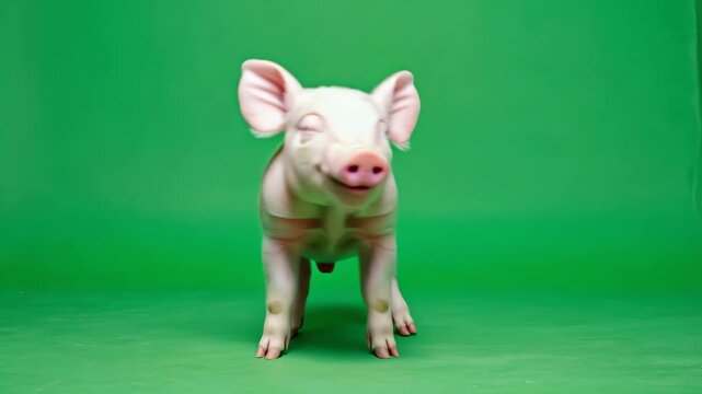 Babyschwein auf Chroma Key Greenscreen &ndash; s&uuml;&szlig;es Ferkel isoliert, freigestellt f&uuml;r Videoproduktionen