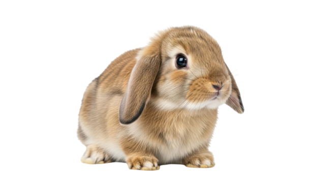 Isolated Cute brown bunny with long ears sitting and looking at the camera, soft pet animal
