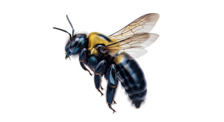 Isolated iridescent carpenter bee, insect with yellow thorax and clear wings, on neutral backdrop