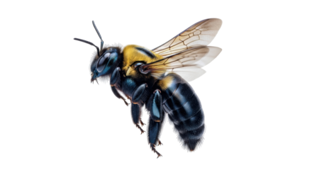 Isolated iridescent carpenter bee, insect with yellow thorax and clear wings, on neutral backdrop