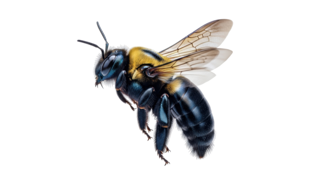 Isolated iridescent carpenter bee, insect with yellow thorax and clear wings, on neutral backdrop