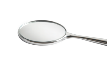 Closeup of a dental mirror isolated on transparent background, showcasing its reflective surface and essential role in oral examinations for precise dental care and hygiene
