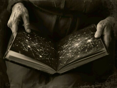 Elderly hands hold an open book with glowing constellation maps, evoking wisdom and cosmic discovery.