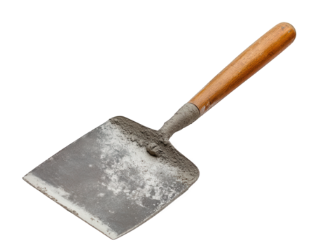 A dirty shovel isolated on transparent background, showcasing its worn condition and utility, symbolizing hard work, construction, and the tools of manual labor in a clean setting