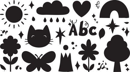 Black and white cute doodle vector set: sun, cloud, cat, flowers, and more eps silhouette