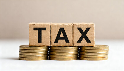 Eco style cardboard cubes with bold letters showing TAX over coins