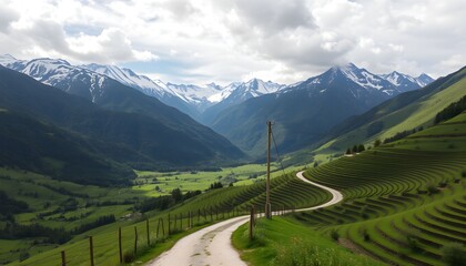 Winding mountain road through lush green valley, snow-capped peaks in the background.