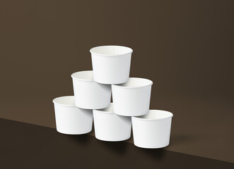 Six white 260 cc paper cups, 3 in a row, 2 on top, and 1 on top, placed on the edge of a brown base.