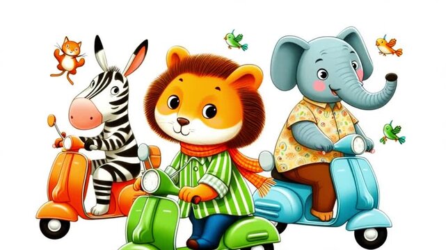 Cute animal characters, a zebra, lion, and elephant, riding scooters. Cartoon style fun for children. Footage.