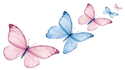 Featuring four pink butterflies arranged diagonally from the bottom left to the top right against a plain white background.
