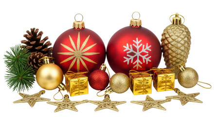 Isolated Christmas ornaments, festive gold gift boxes, pine cones, and star decorations