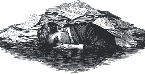 An illustration of a person overwhelmed by paperwork, symbolizing stress and anxiety in the workplace.
