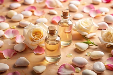 Two small glass bottles of essential oil sit amongst rose petals and smooth stones, evoking tranquility and spa
