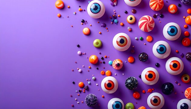 Colorful Halloween Candy Spread with Eyeball Treats on Purple Surface