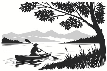 Silhouette of a person kayaking on a serene lake with mountains in the background.