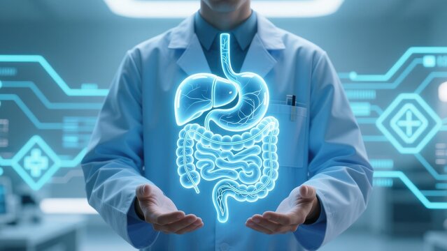 A futuristic digestive system hologram held in hands by person in medical outfit showing constipation, constipation relief, laxatives
