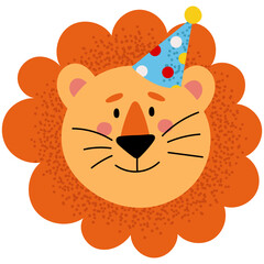 Cute lion face with party hat. Perfect for kids, birthday cards, posters, stickers, and festive designs.