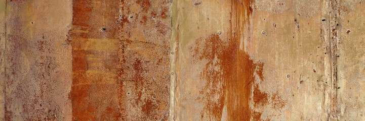 Old rusty metal texture. Rust on the surface of the iron wall. Panoramic background for grunge design.