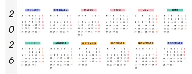 2026 horizontal yearly calendar with colorful modern month headers. Printable wall or desk planner for home, work, school, and productivity. Clean minimal typography, full year design. Vector.
